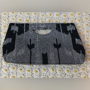 Moyna Black Silver Metallic Floral Seed Beaded Handbag Evening Bag Clutch